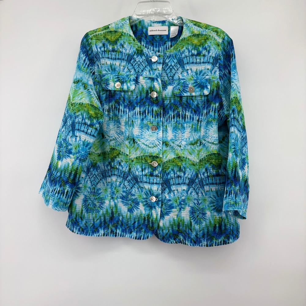 Alfred Dunner Jacket Womens 12 Blue Green Tie Dye Button Front Textured Blazer